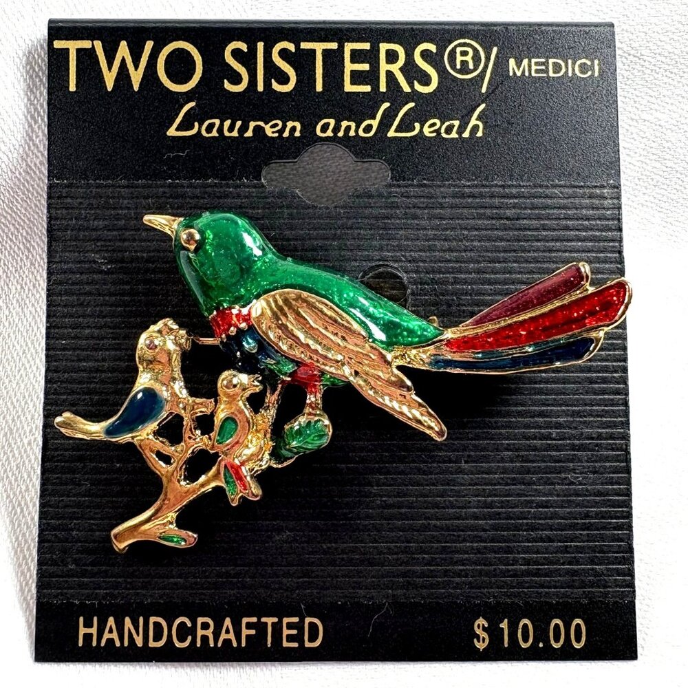 Vintage Two Sisters Medici Painted Enamel Figural Bird w/ Baby Birds Brooch Pin